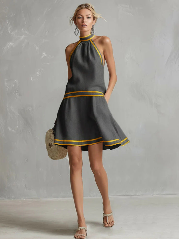 Striped Trim Halter Neck Fitted Midi Dress