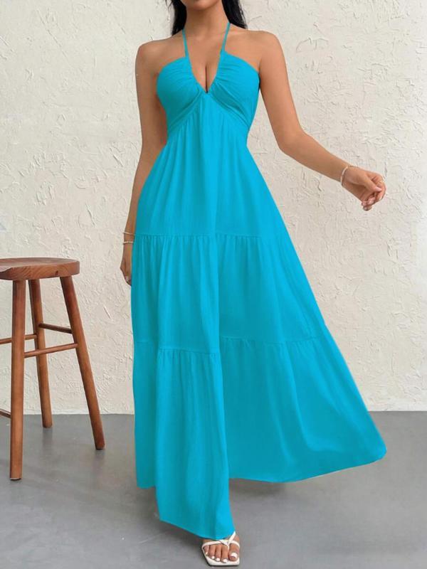 Solid Colour Halter Neck Backless Tie-Up Maxi Dress