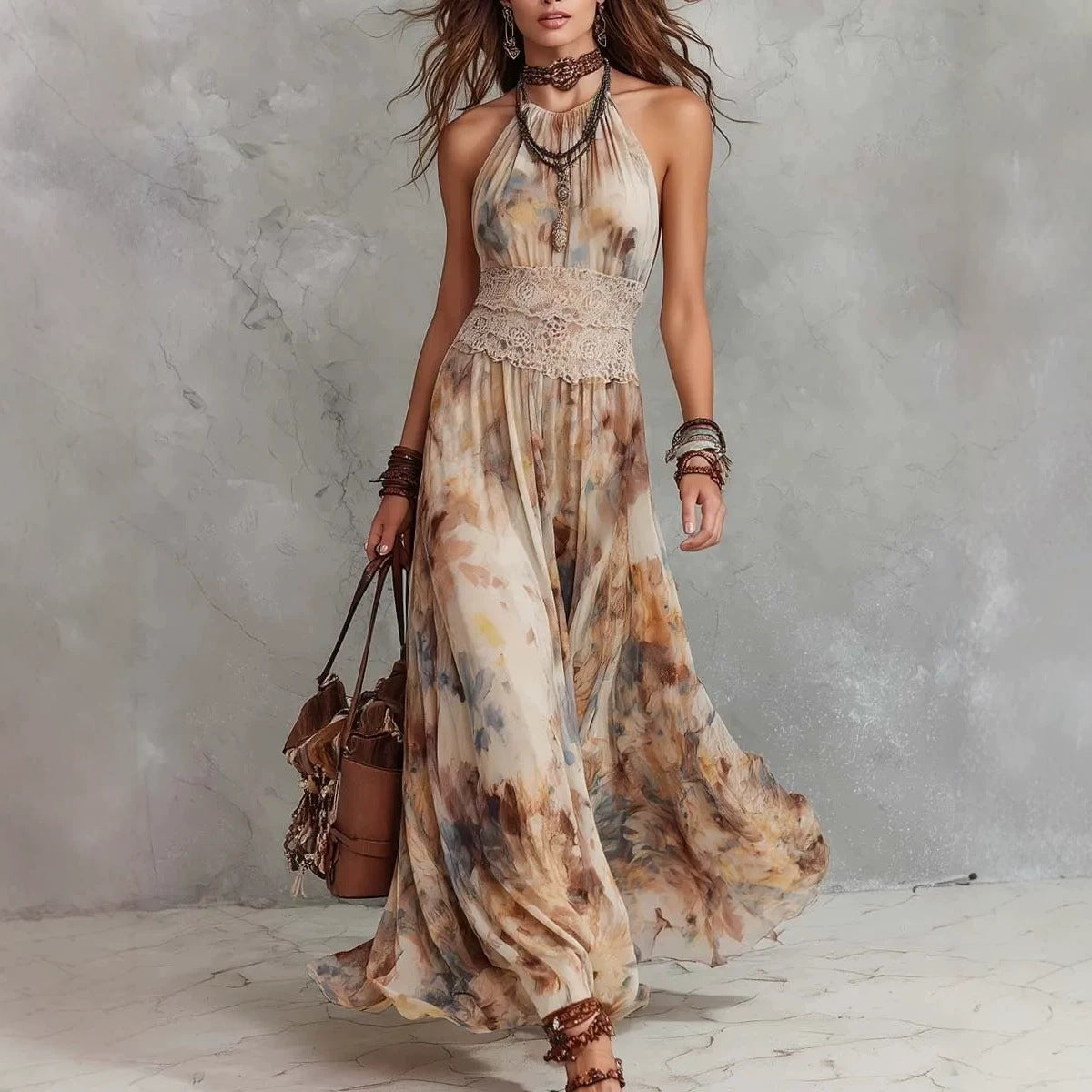 French Vintage Painted Floral Backless Strapless Beach Maxi Dress