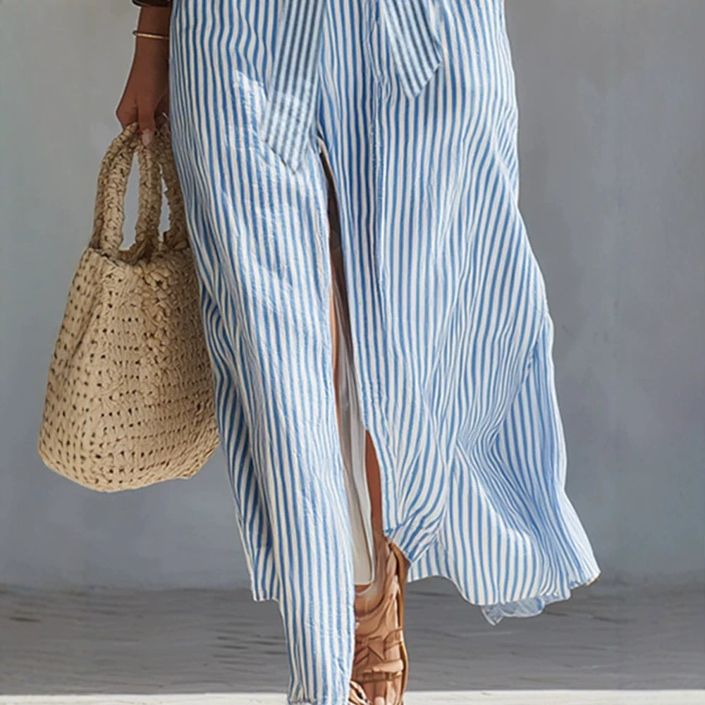 Blue Striped High-Waist Tie-Up Side Split Beach Dress