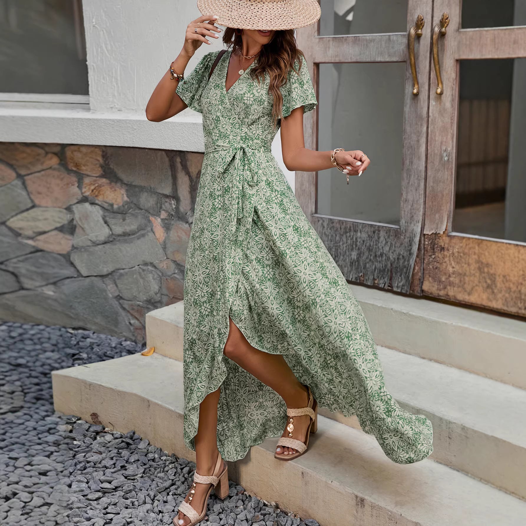 Floral Print Sleeveless V-Neck Smocked Waist Tiered Maxi Dress