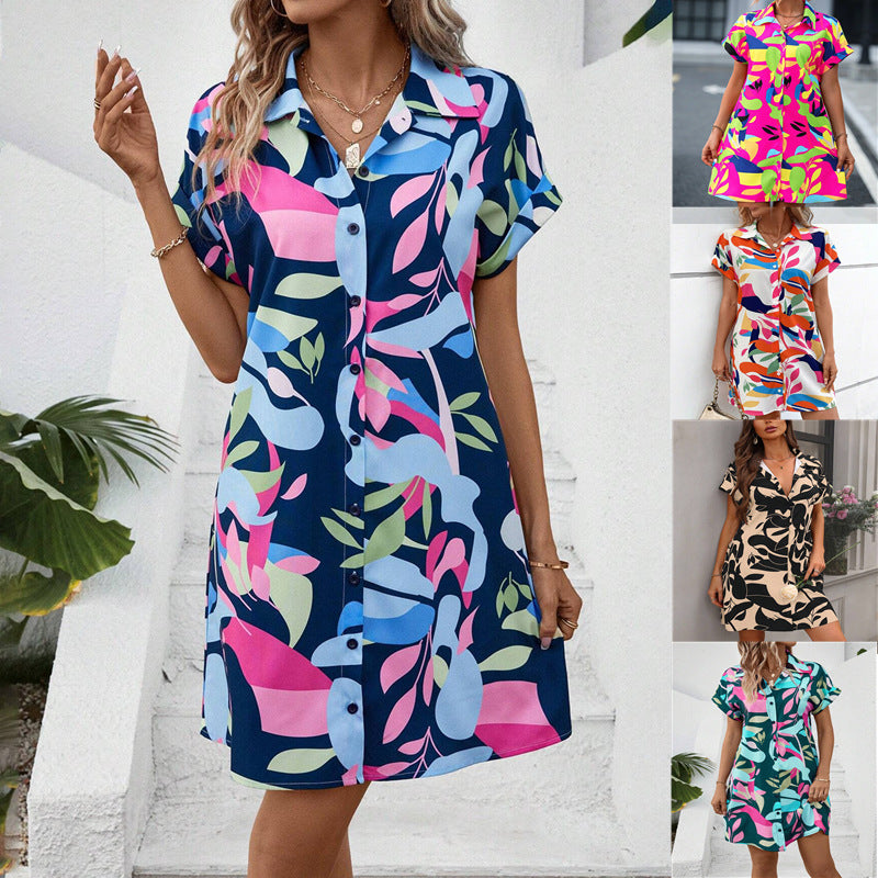 Floral Open-Front High-Waist A-Line Shirt Dress