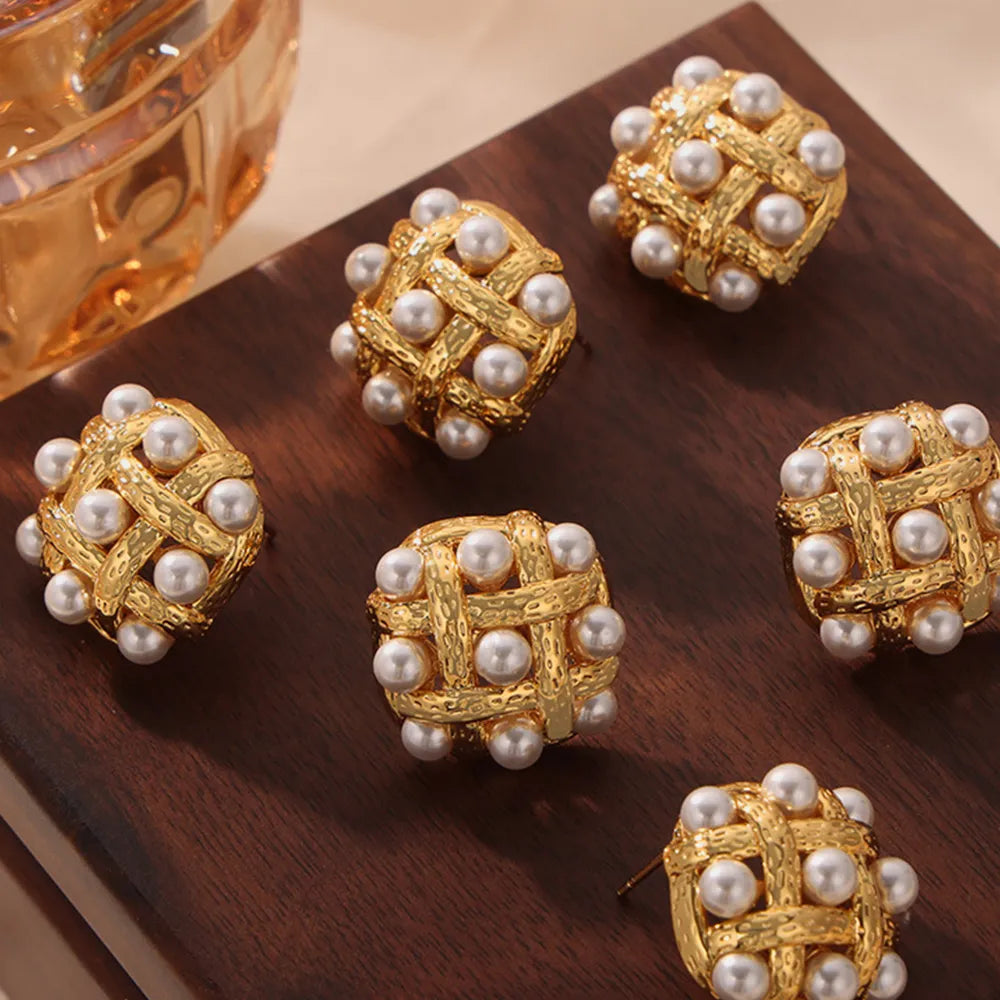 Shell Pearl & Copper Stud Earrings