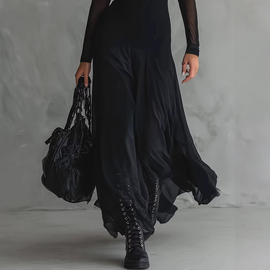 Black Sheer Mesh Hooded Long Sleeve Maxi Dress