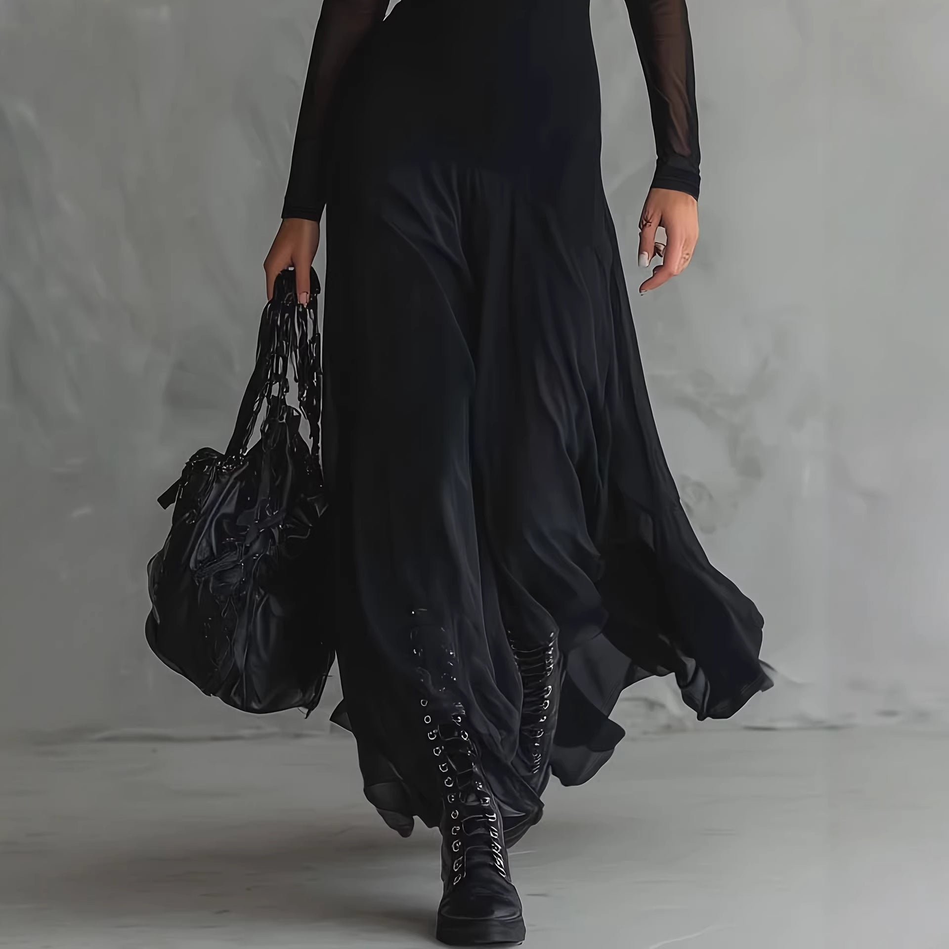 Black Sheer Mesh Hooded Long Sleeve Maxi Dress