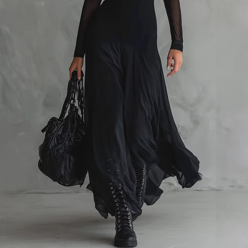 Black Sheer Mesh Hooded Long Sleeve Maxi Dress