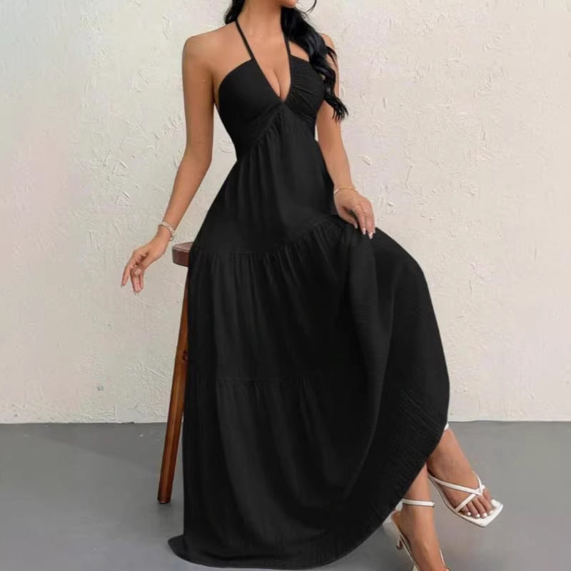 Solid Colour Halter Neck Backless Tie-Up Maxi Dress