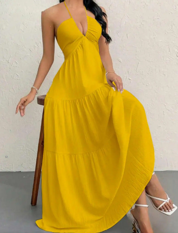Solid Colour Halter Neck Backless Tie-Up Maxi Dress
