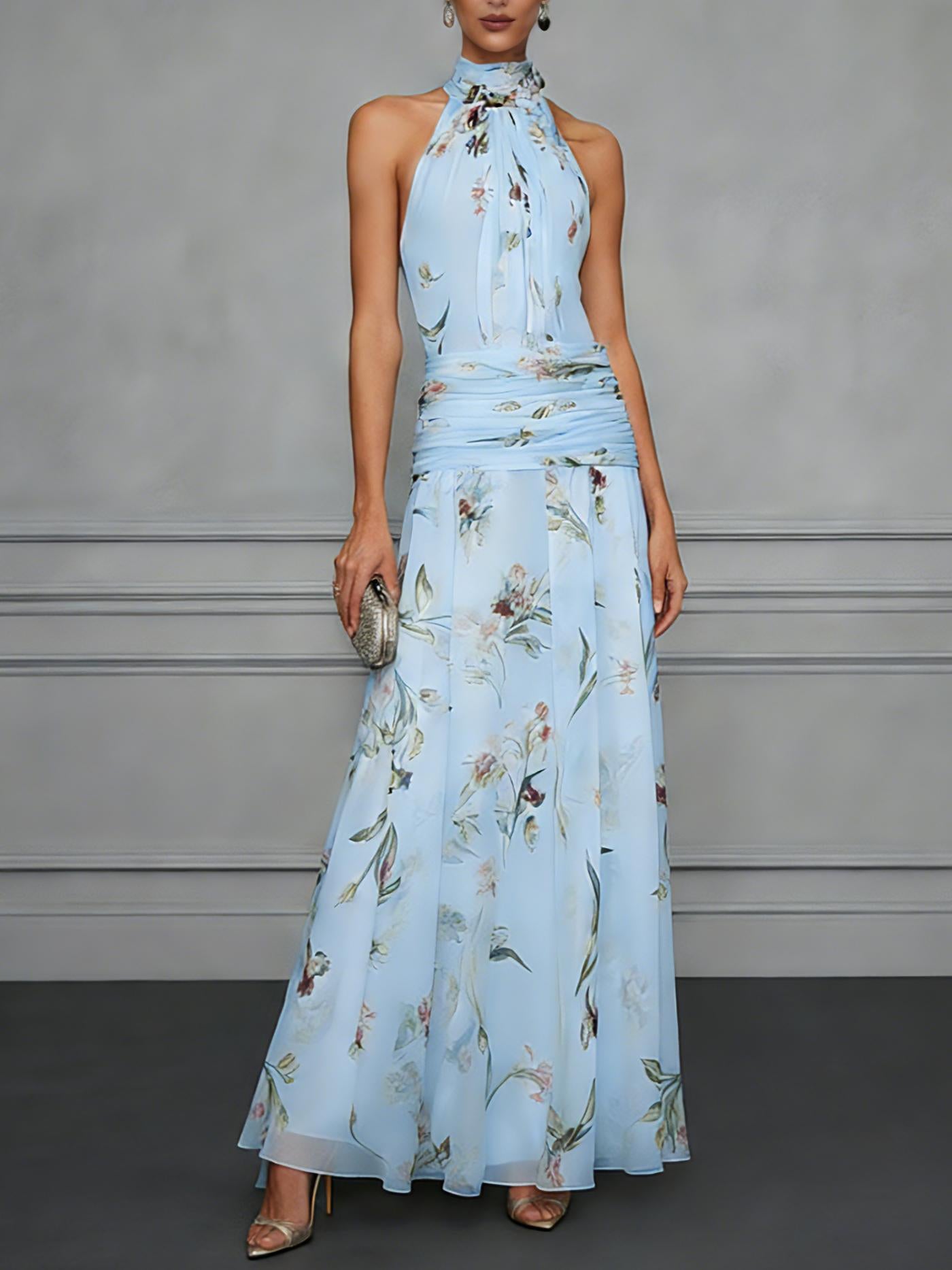 Printed Halter Neck Fitted Maxi Dress
