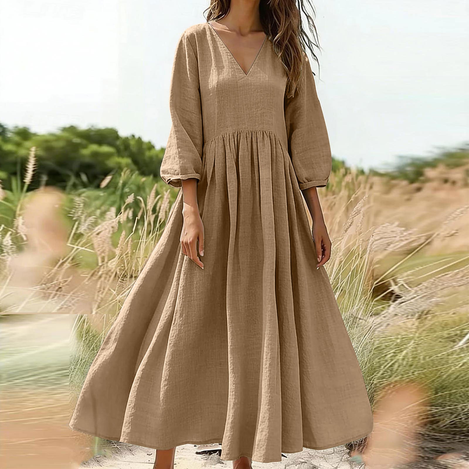 V-Neck Pleated Flowy Midi Dress