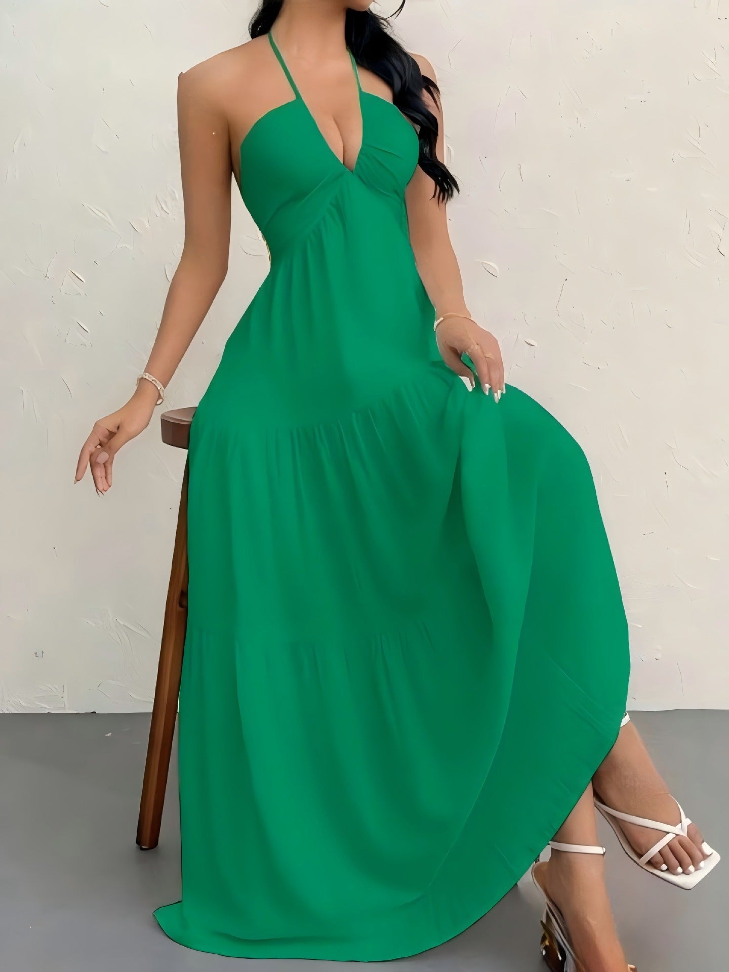 Solid Colour Halter Neck Backless Tie-Up Maxi Dress