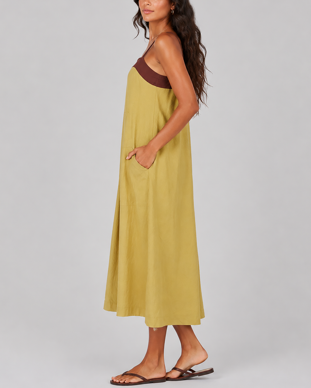 Colour-Block Loose Large Pocket Spaghetti Strap Maxi Dress