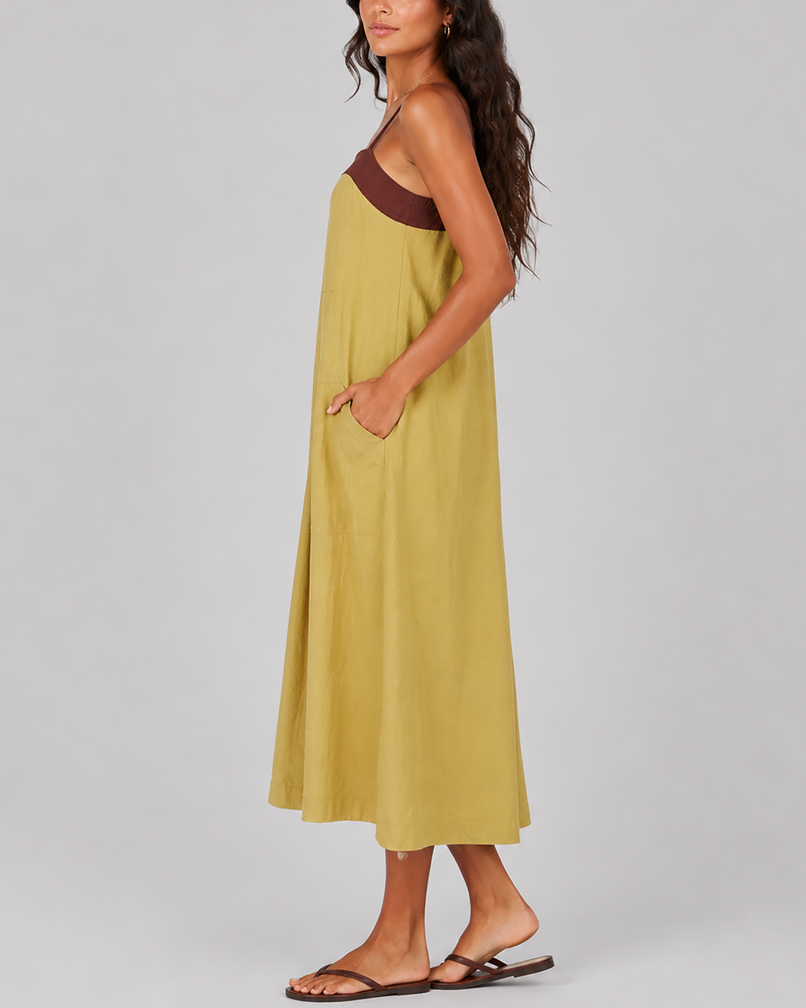Colour-Block Loose Large Pocket Spaghetti Strap Maxi Dress