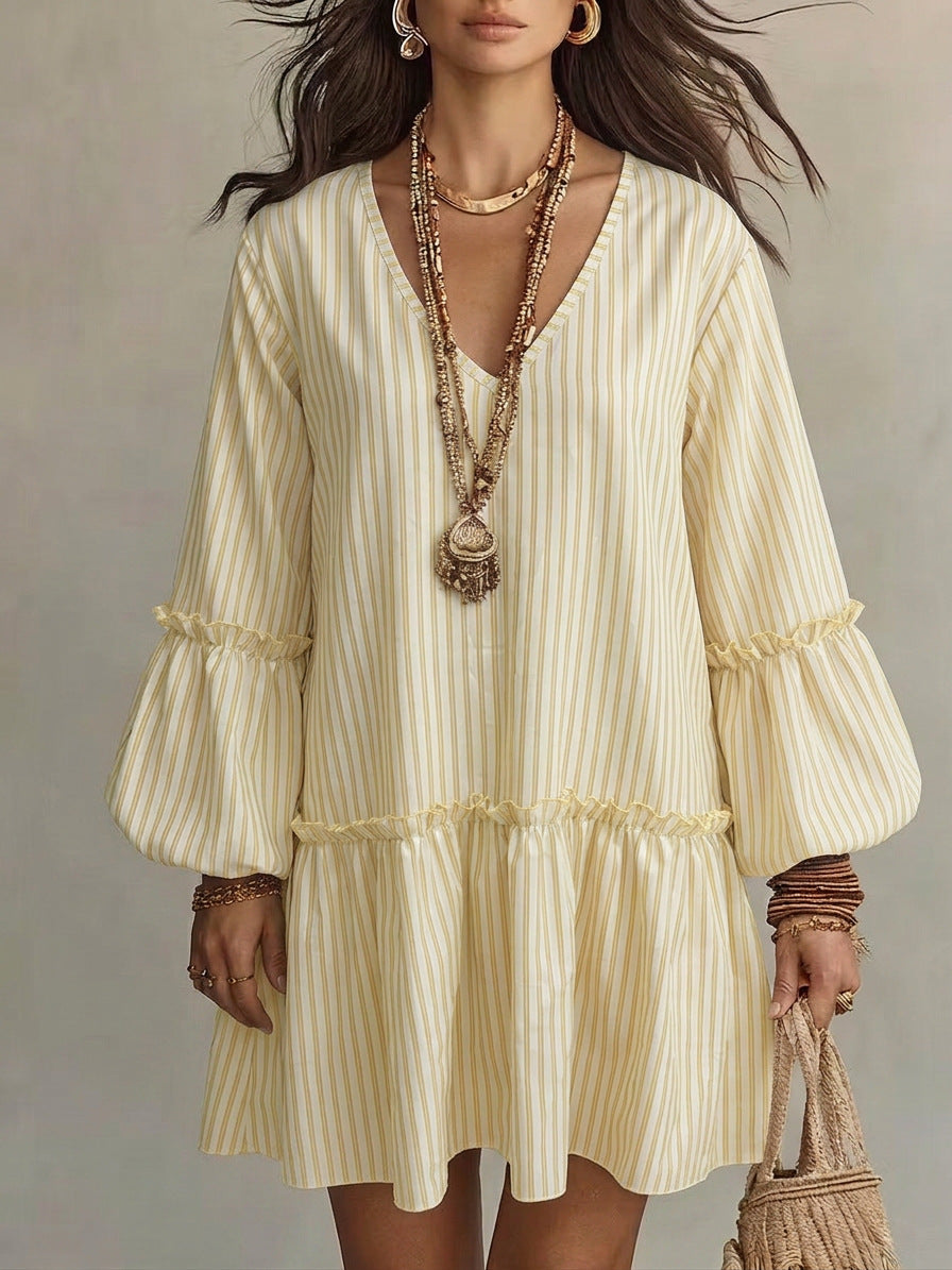 Stripe Print V-Neck Lantern Sleeve A-Line Mini Dress
