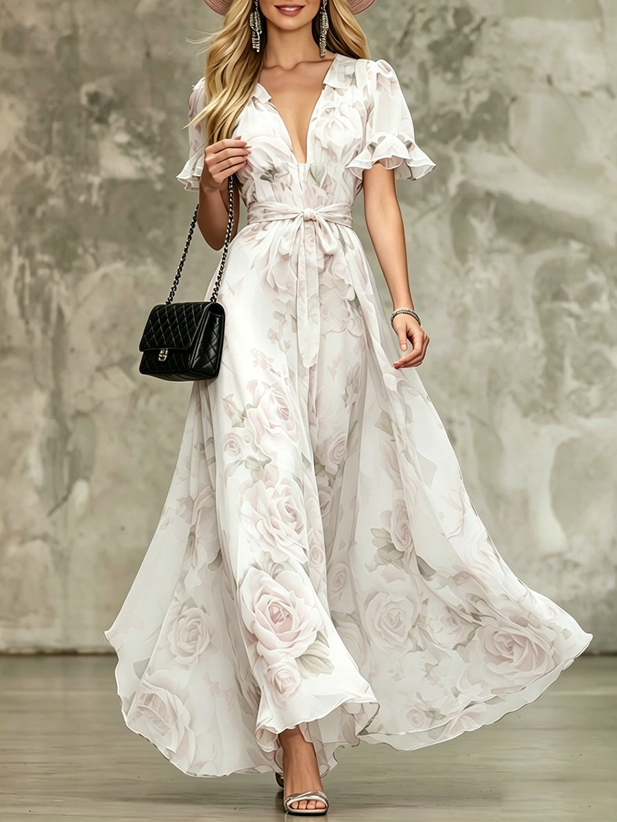 Ruffle Sleeve Deep V-Neck Printed Maxi Dress