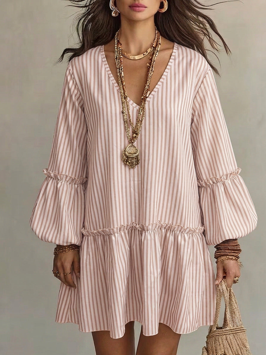 Stripe Print V-Neck Lantern Sleeve A-Line Mini Dress