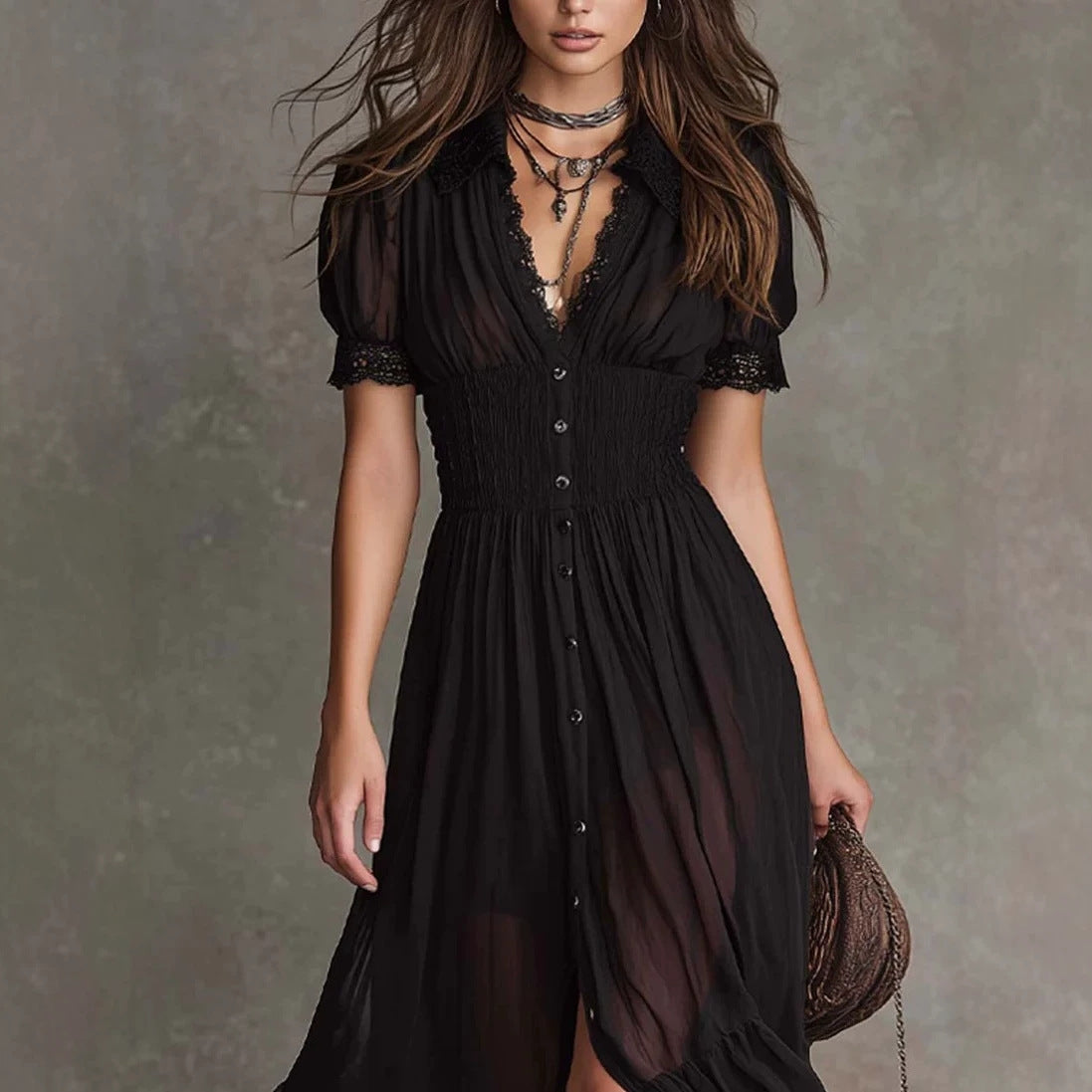 Cropped V-Neck Ruffled Hem Side Slit Bodycon Maxi Dress
