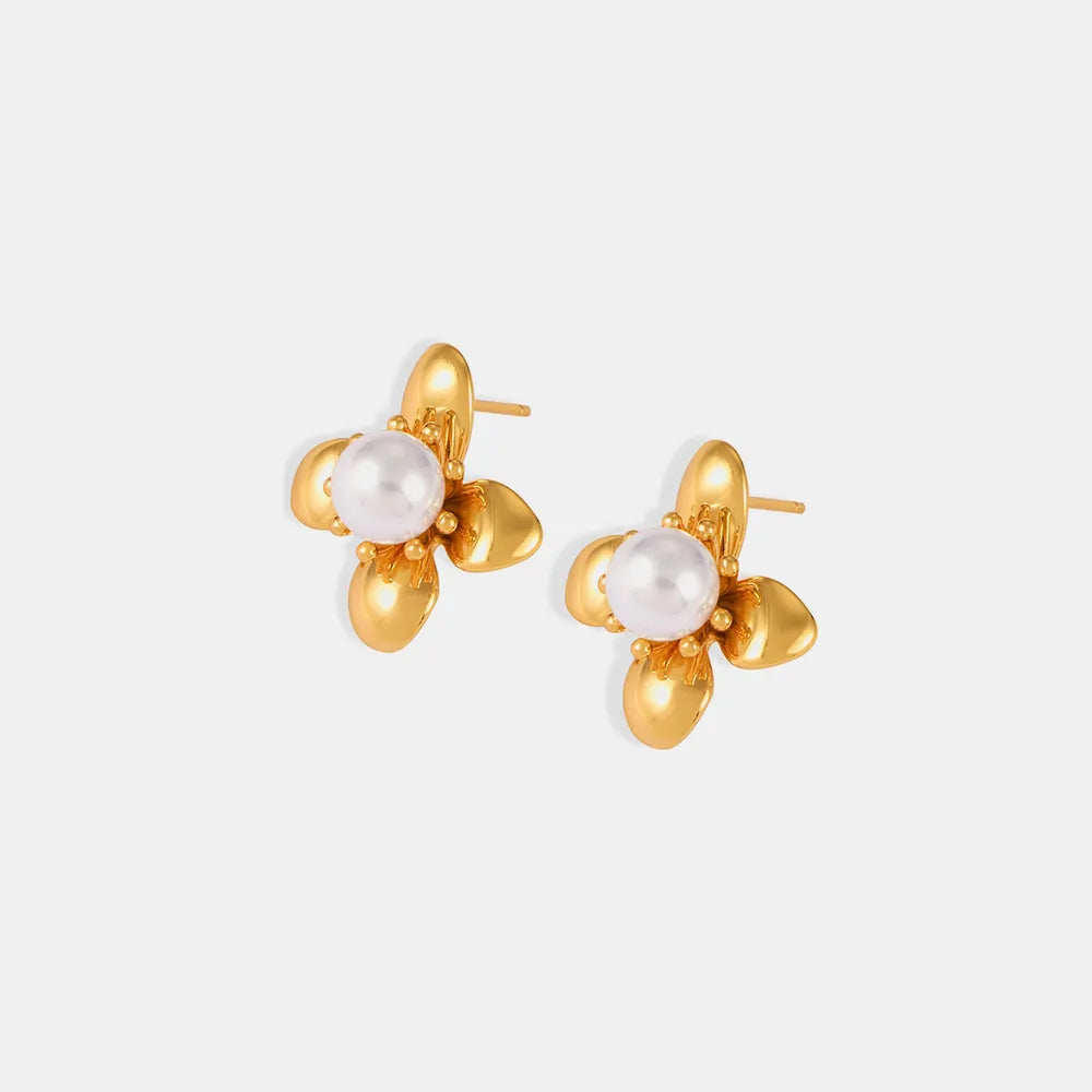 Synthetic Pearl Flower Earrings in Titanium Steel