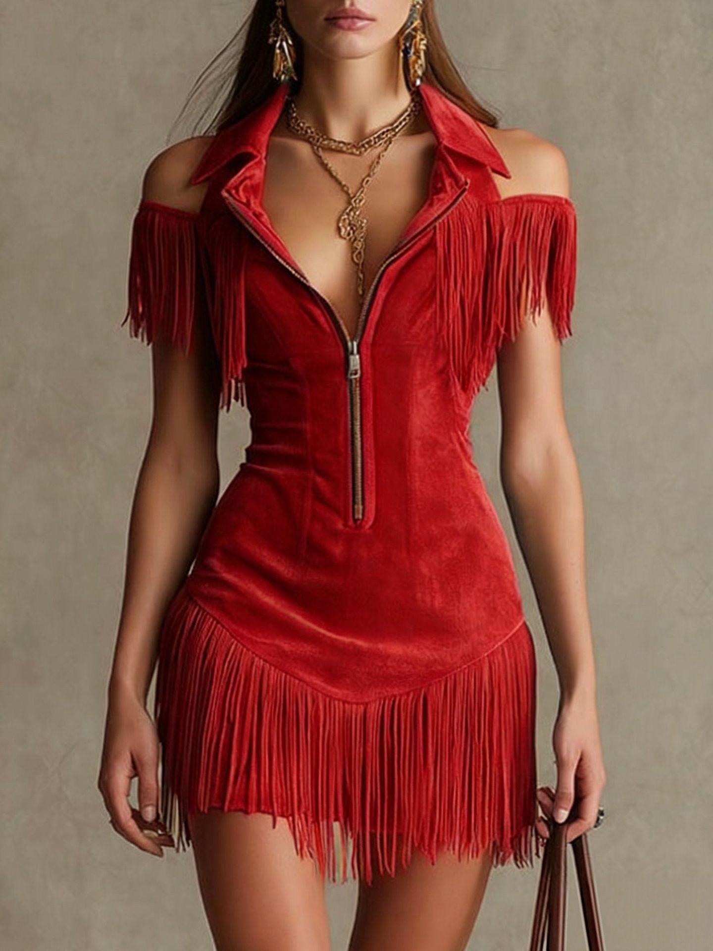 Tassel Off-Shoulder High-Waist Fitted Short Dress