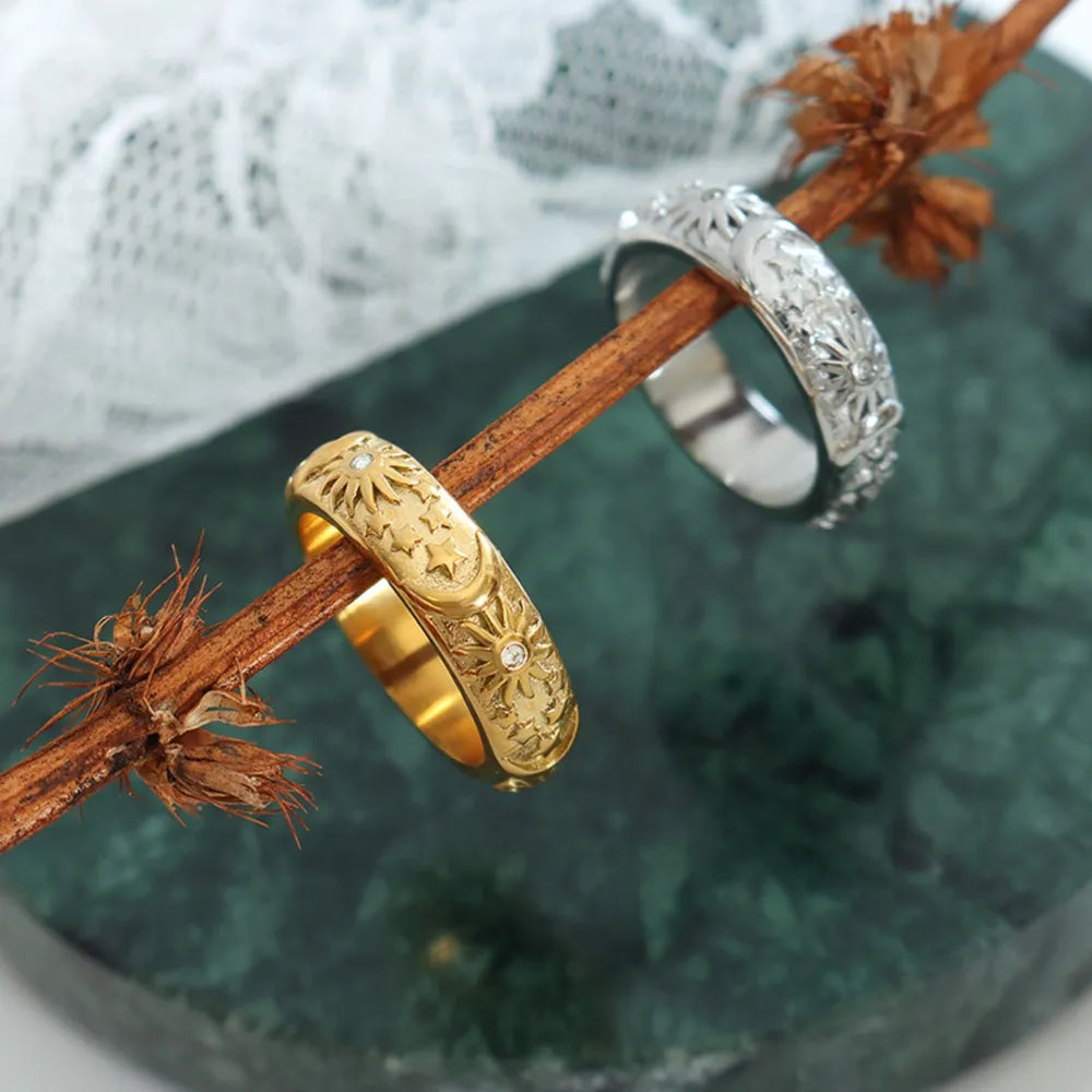 Star & Moon Zircon Ring in Titanium Steel