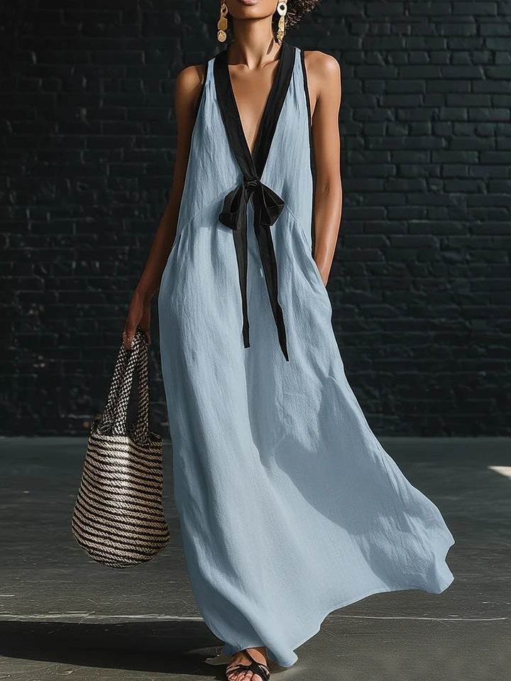 V-Neck Strapless Sleeveless Resort-Style Elegant Maxi Dress