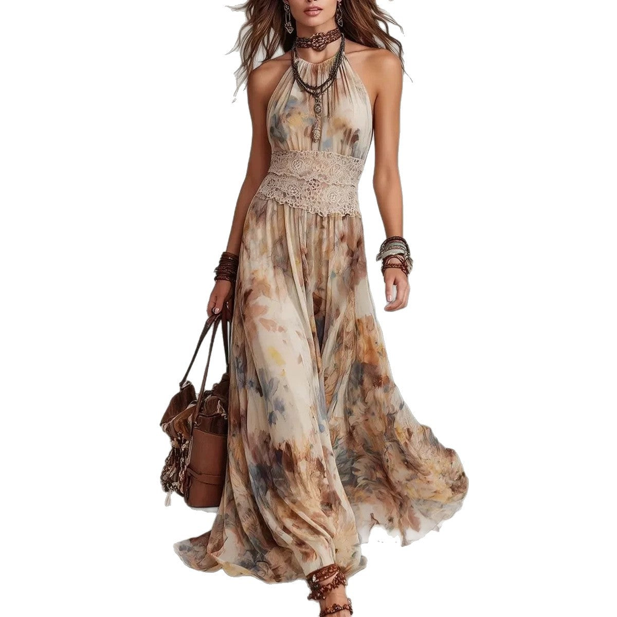 French Vintage Painted Floral Backless Strapless Beach Maxi Dress