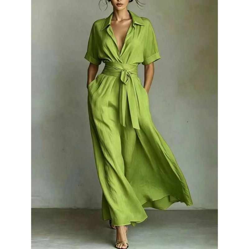 Wide Collar Three-Quarter Sleeve Waist-Defining Maxi Dress