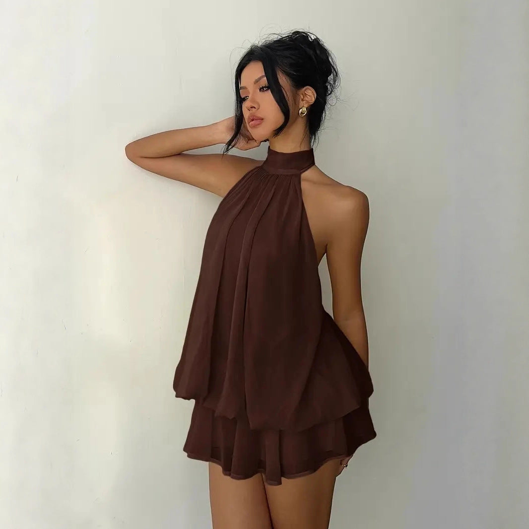 High-Waist Halter Neck Backless A-Line Short Dress