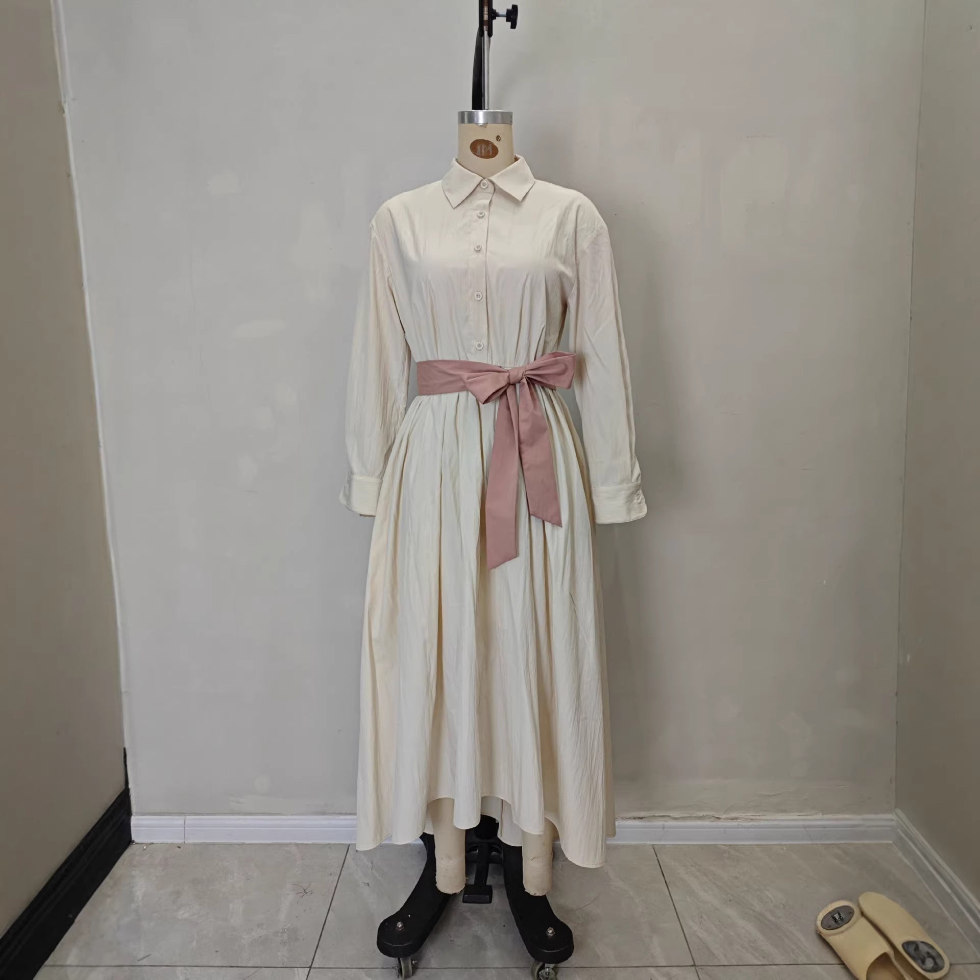 Polo Collar Long Sleeve Button-Front Maxi Dress