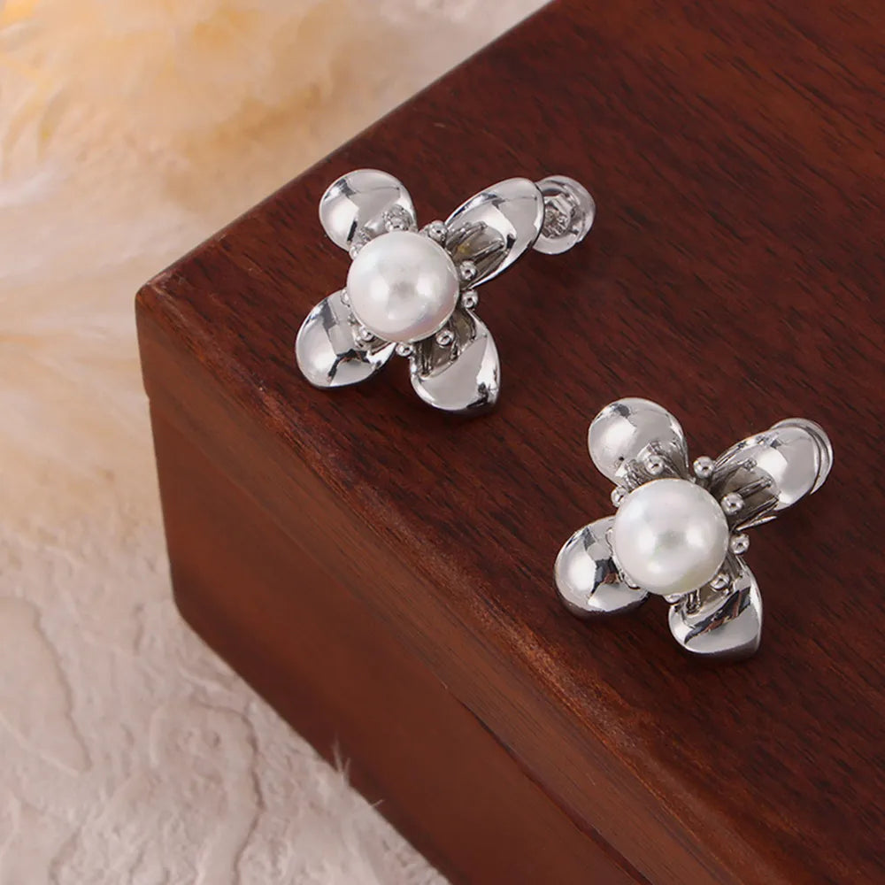 Synthetic Pearl Flower Earrings in Titanium Steel