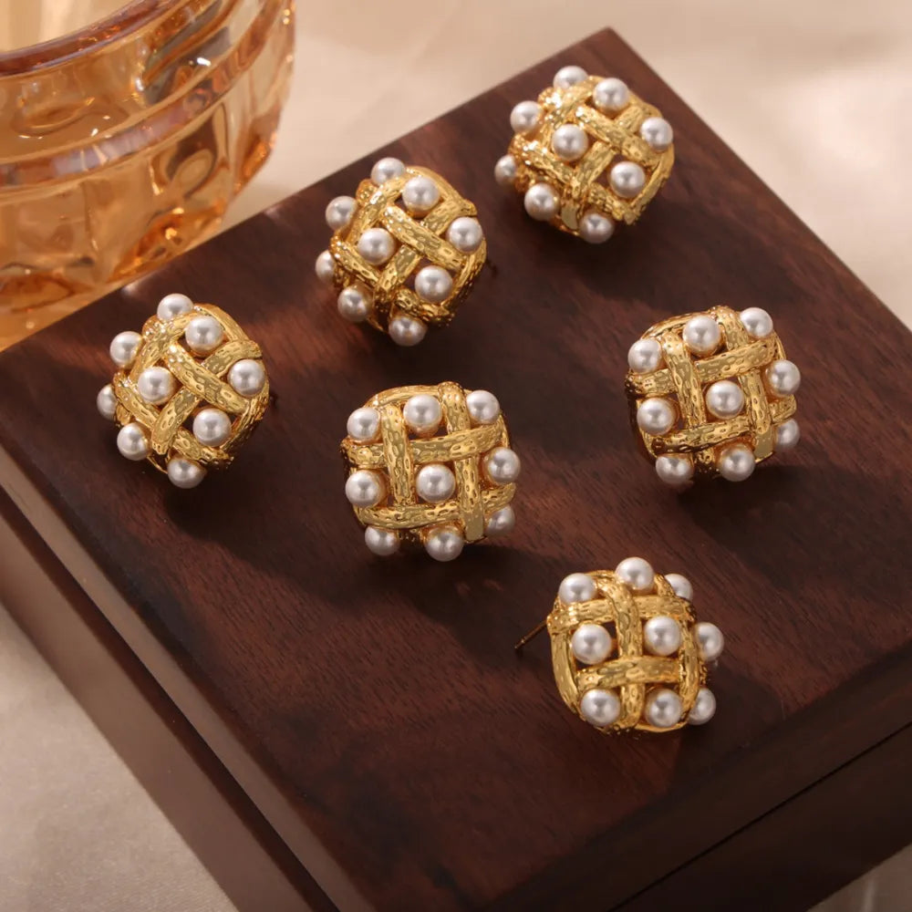 Shell Pearl & Copper Stud Earrings