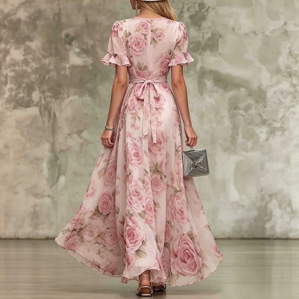 Ruffle Sleeve Deep V-Neck Printed Maxi Dress