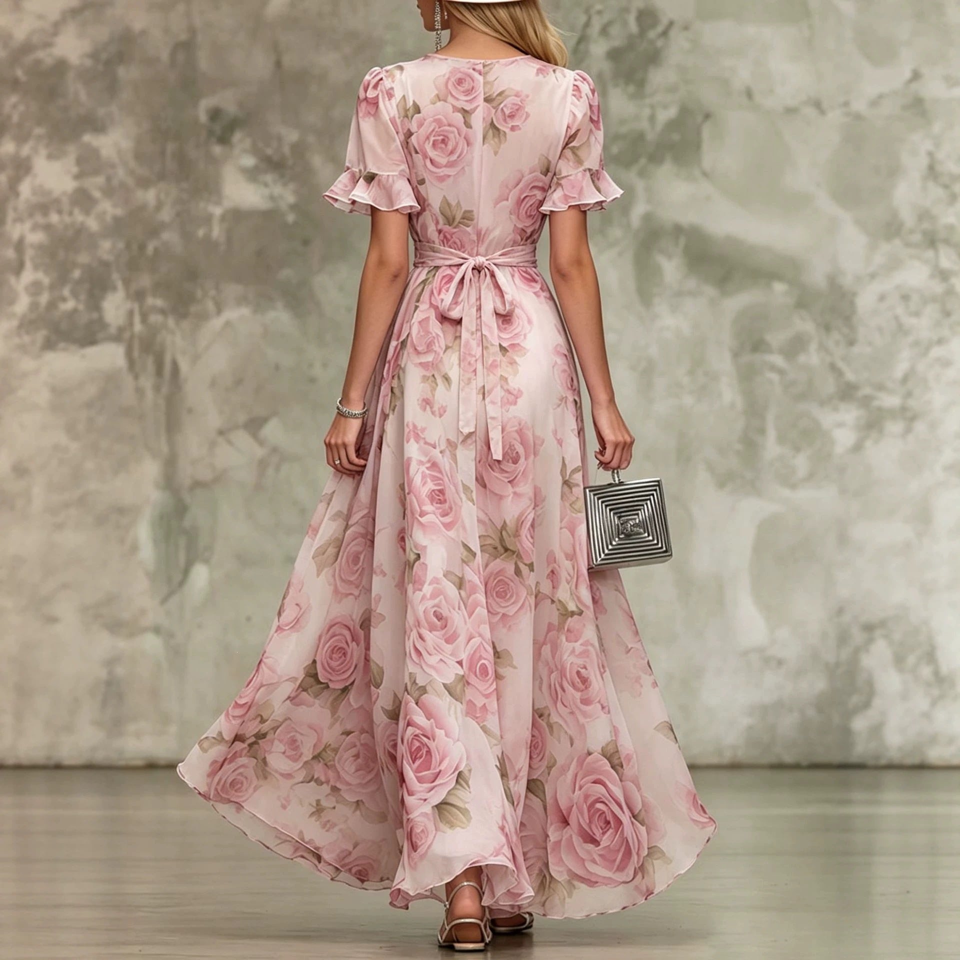 Ruffle Sleeve Deep V-Neck Printed Maxi Dress
