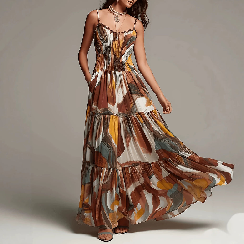 Geometric Print Pleated Waist Maxi Dress with Pockets