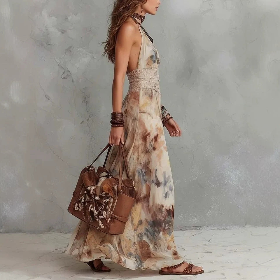 French Vintage Painted Floral Backless Strapless Beach Maxi Dress