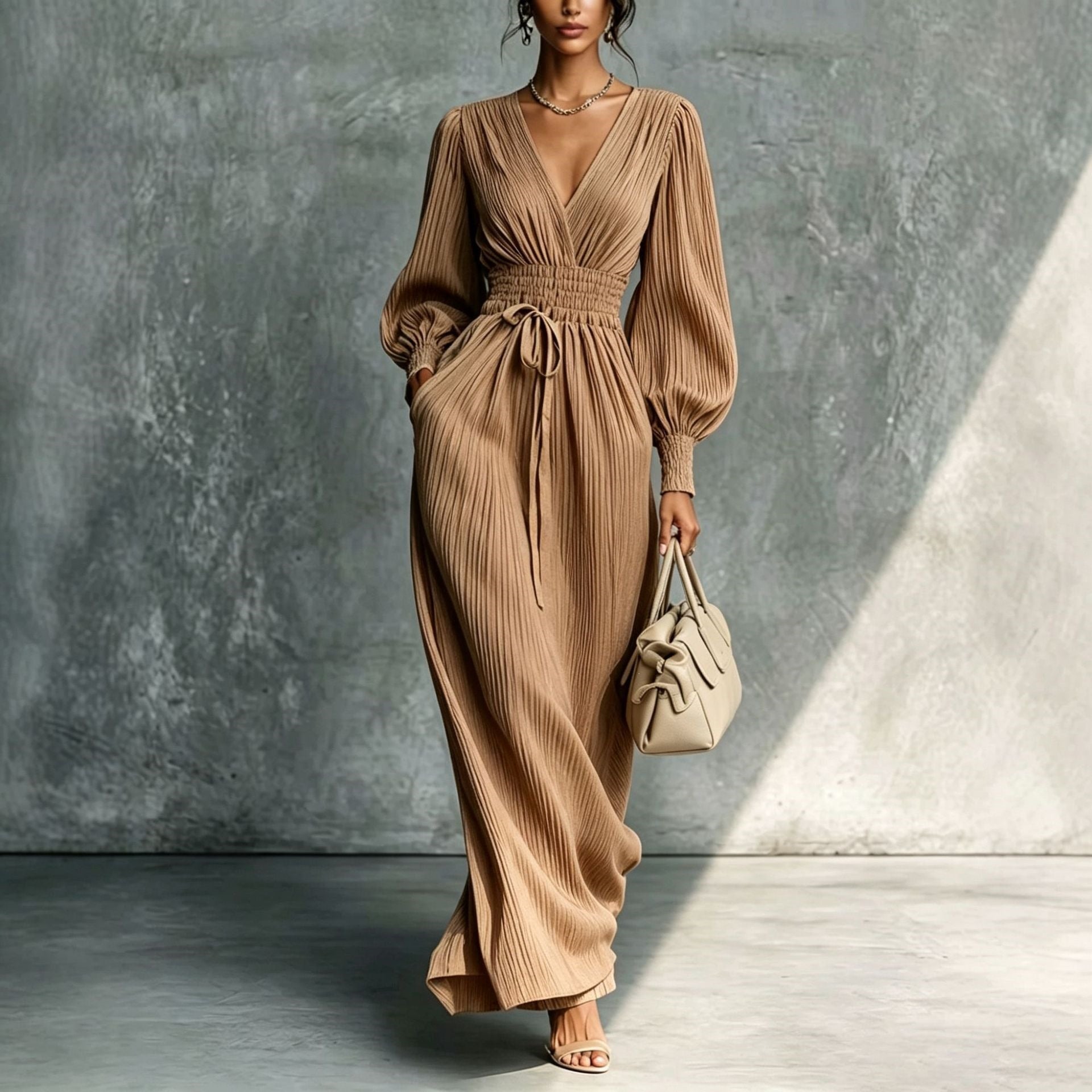 Solid Colour Casual Waist-Cinched Long Sleeve Dress