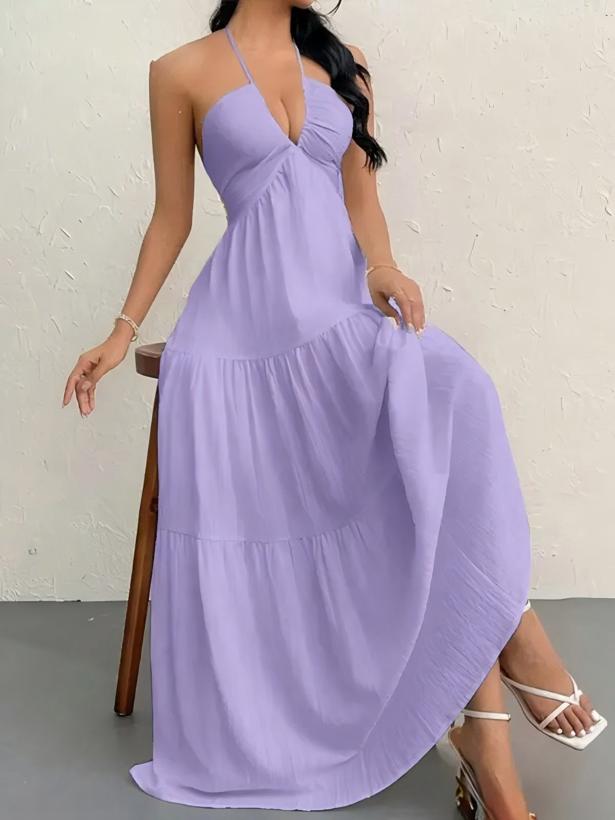 Solid Colour Halter Neck Backless Tie-Up Maxi Dress