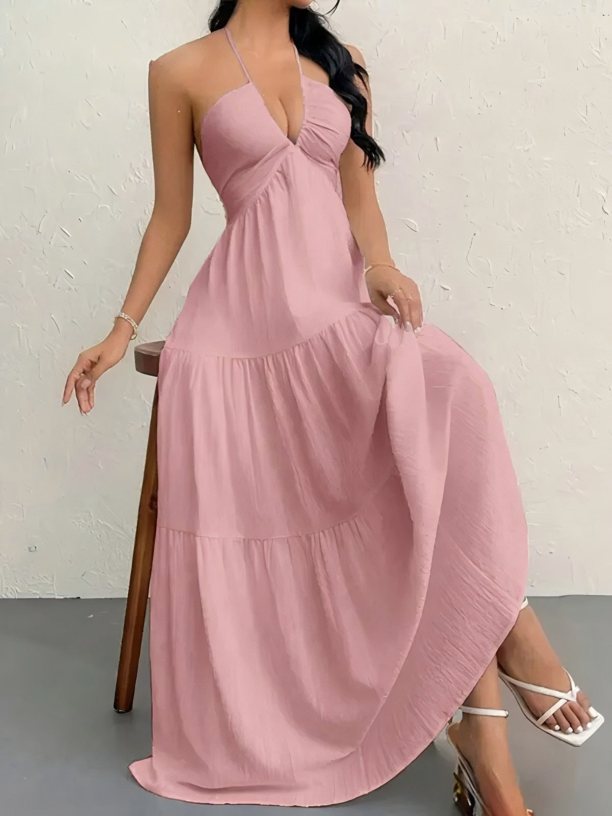 Solid Colour Halter Neck Backless Tie-Up Maxi Dress