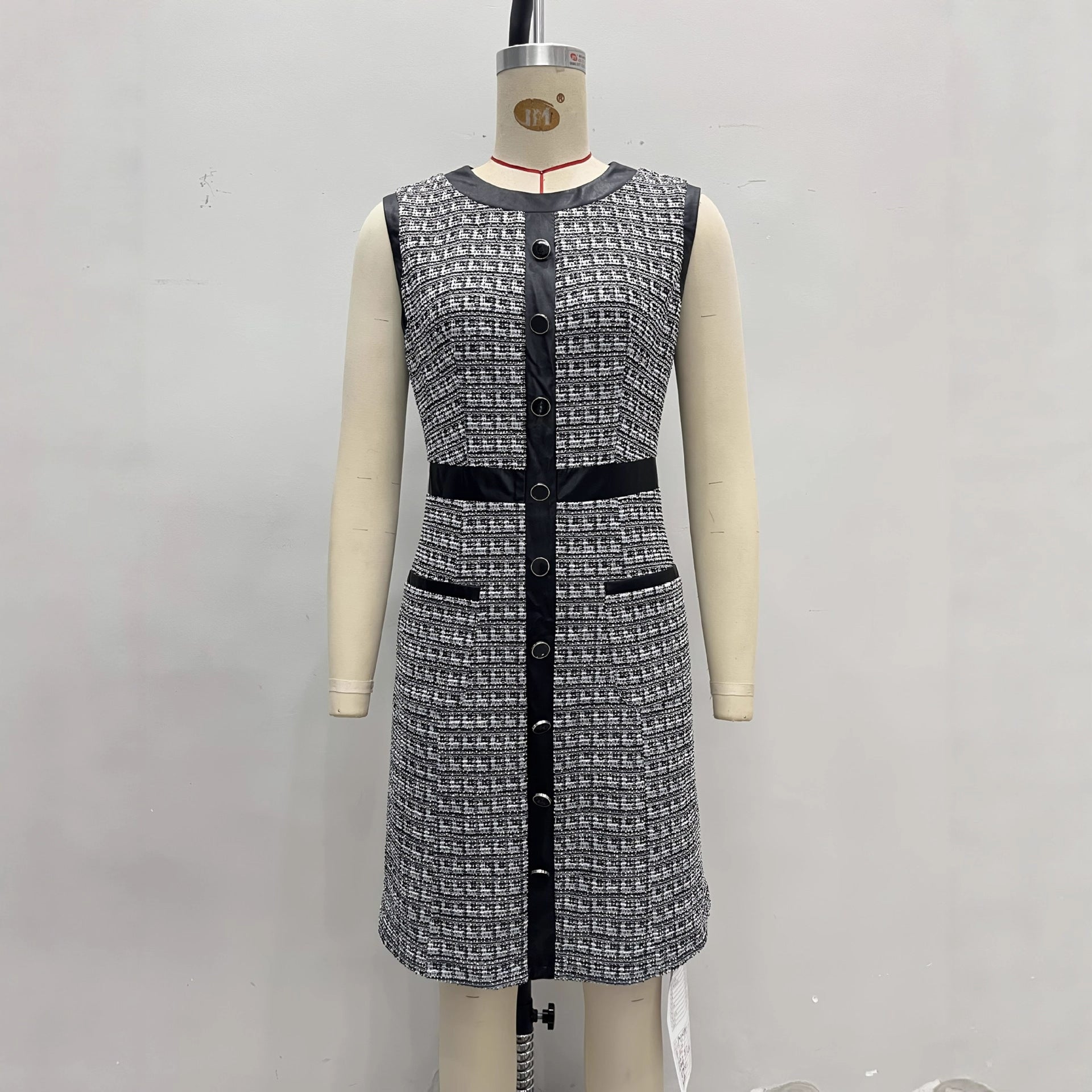 Vintage Leather Trim Tweed Vest A-Line Skirt Dress
