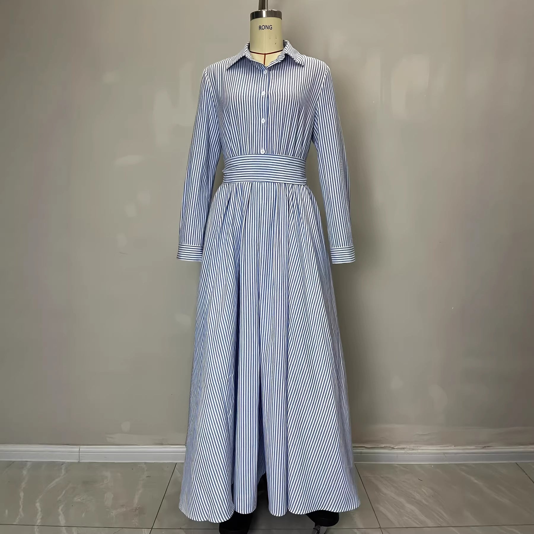 Blue & White Striped Polo Collar Pocket Cardigan Shirt Dress
