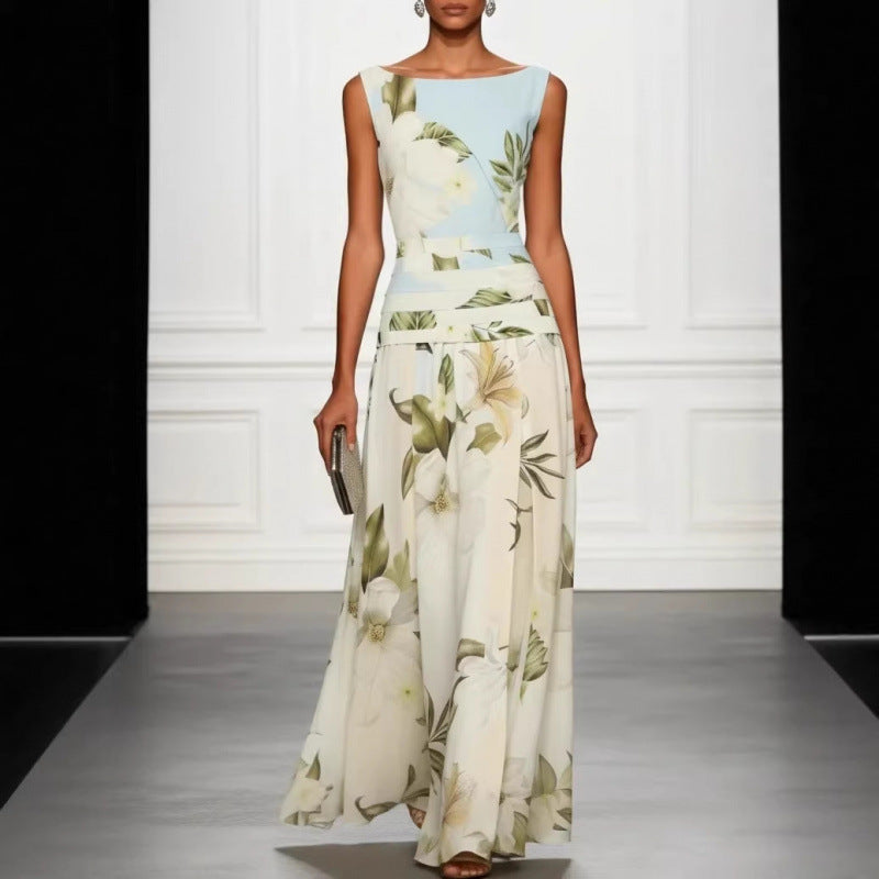 Floral High-Waist Backless Sleeveless Maxi Dress