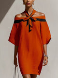 One Shoulder Bow Collar Midi Dress