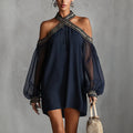 Embroidered Off-Shoulder Sheer Lantern Sleeve Resort Dress
