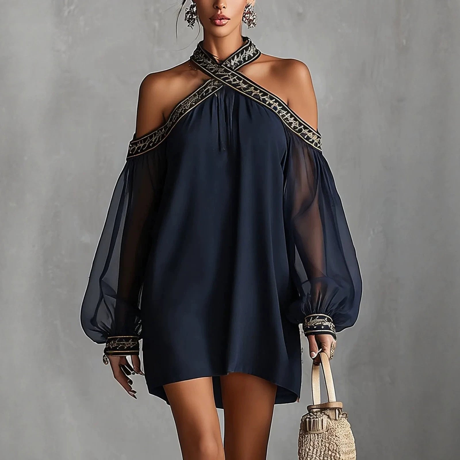 Embroidered Off-Shoulder Sheer Lantern Sleeve Resort Dress