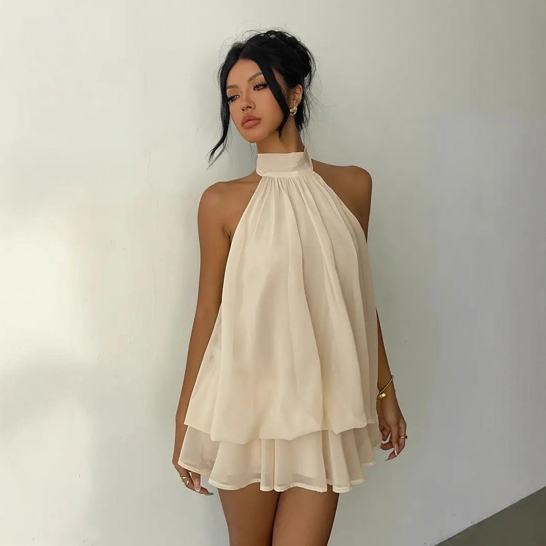 High-Waist Halter Neck Backless A-Line Short Dress