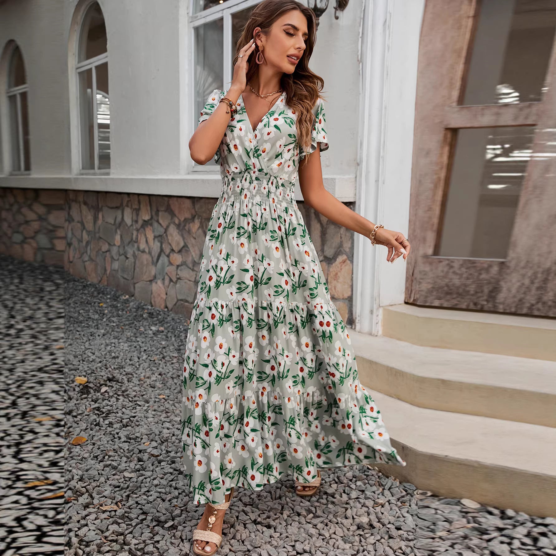 Floral Print Sleeveless Square Neck Tiered Maxi Dress