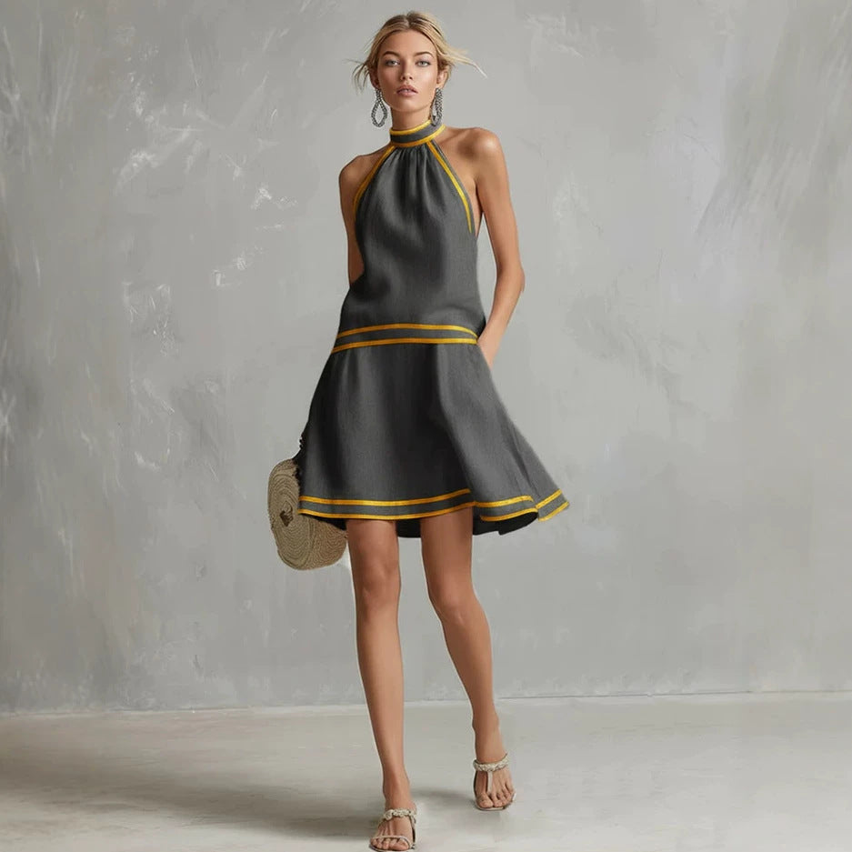 Striped Trim Halter Neck Fitted Midi Dress