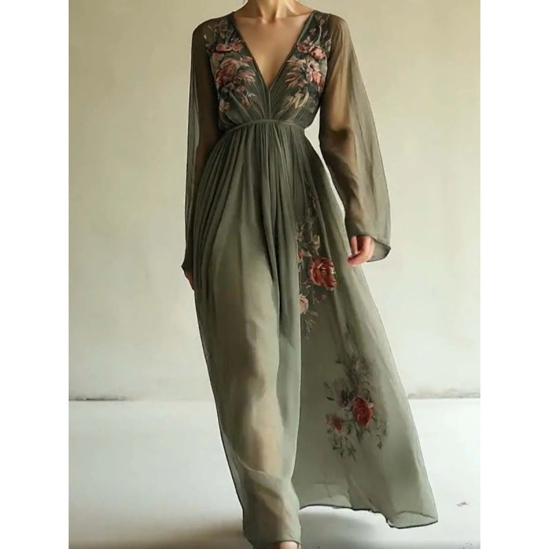 Printed Long Sleeve Stand Collar Maxi Dress