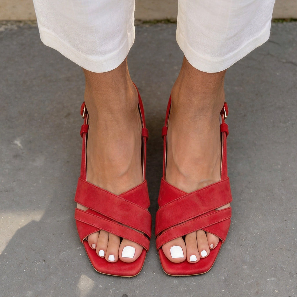 Suede Mid Heel Square Toe Buckle Sandals