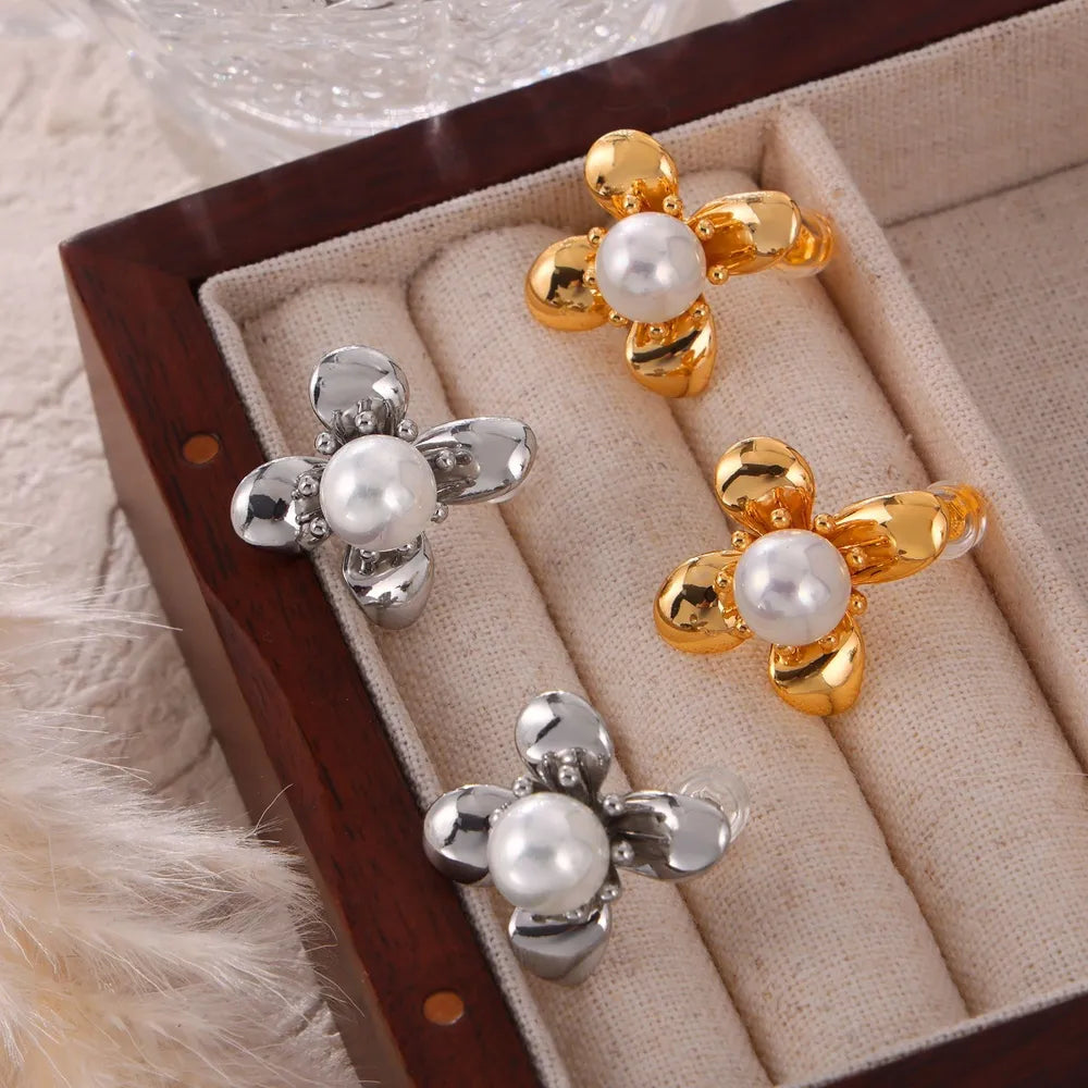 Synthetic Pearl Flower Earrings in Titanium Steel